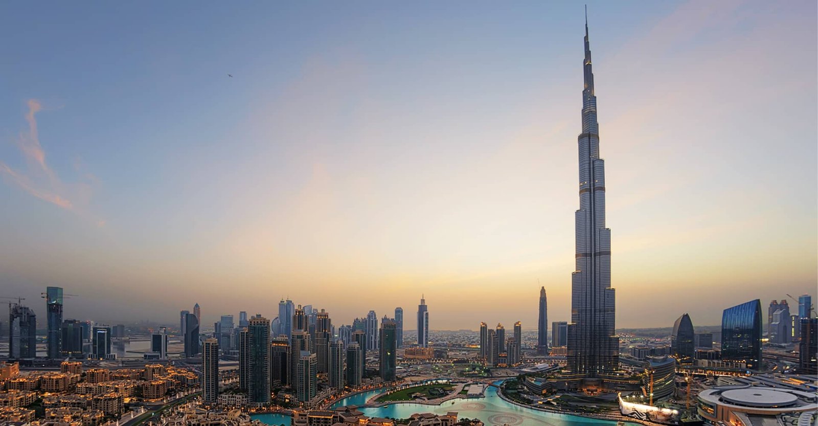 Dubai skyline at dusk with the Burj Khalifa